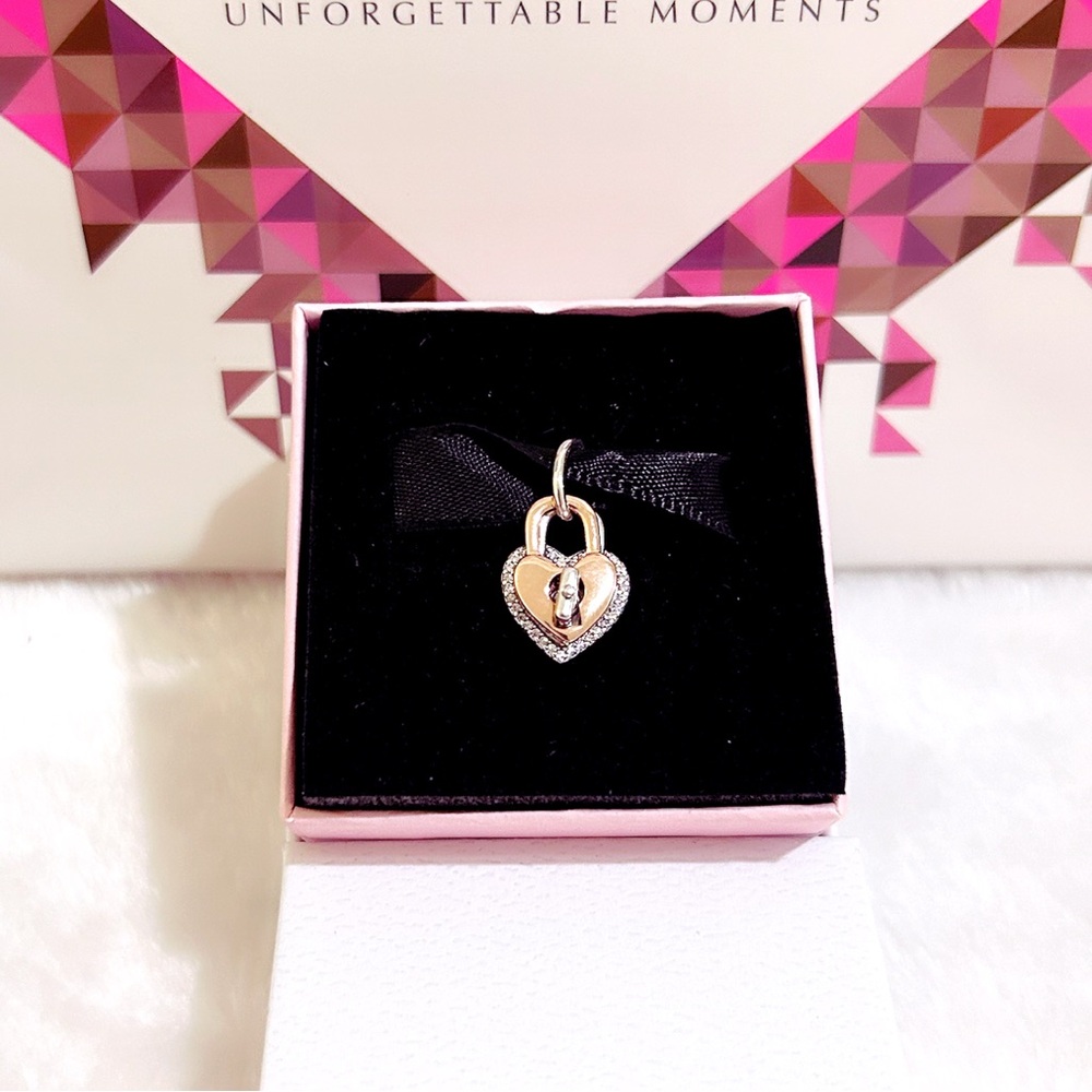 PANDORA Two-tone Twistable Heart Padlock Double Dangle Charm w/box - Picture 10 of 11